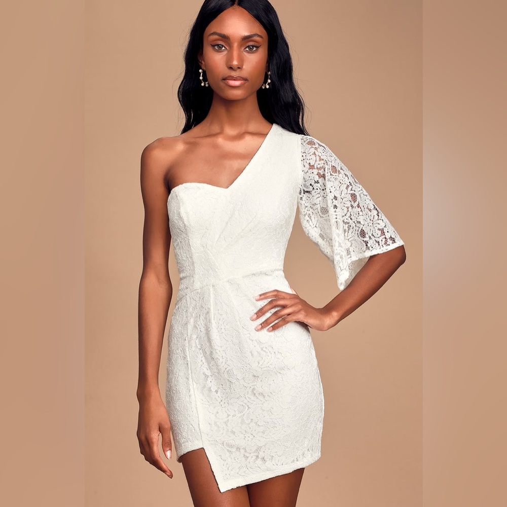 Be My Sweetheart White Lace One-Shoulder Mini Dress